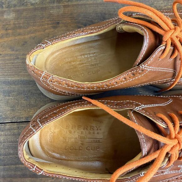 Sperry Men\'s 10 Gold Cup Wingtip Oxfords Dress Shoes Brown Leather Orange Lace main image 4